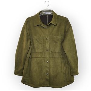 The Denim Bar Faux Suede Shacket Oversized Button-down Shirt Green Large